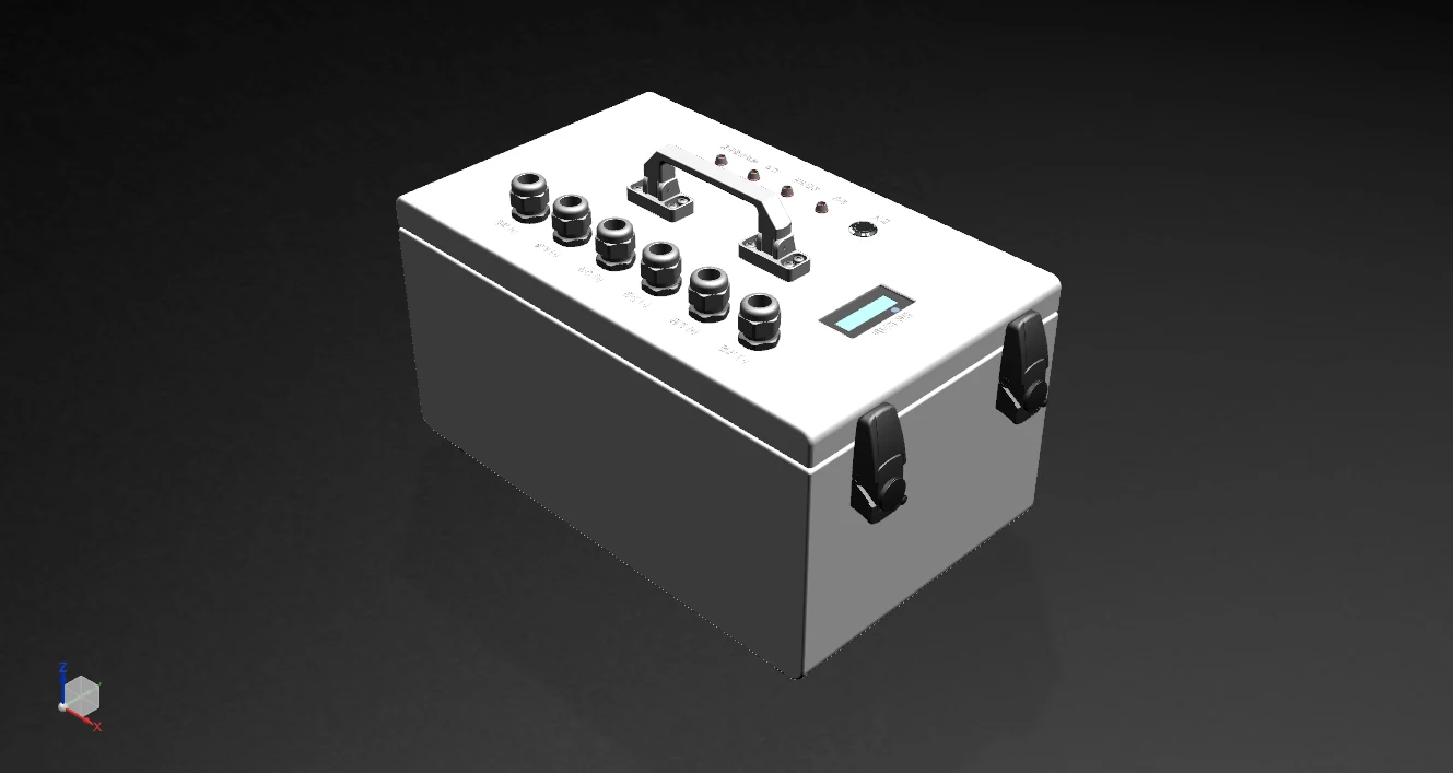 Battery-pack design example — an industrial battery pack with cable glands, a handle, and a status display