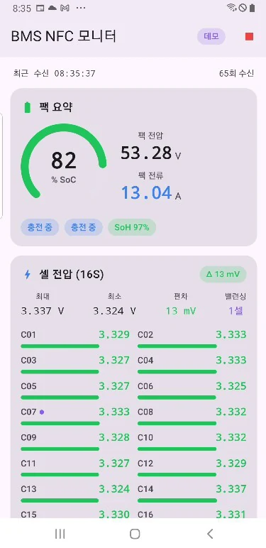 BMS NFC mobile monitor — an app screen showing pack SoC, voltage, current, and 16-cell voltages and balancing
