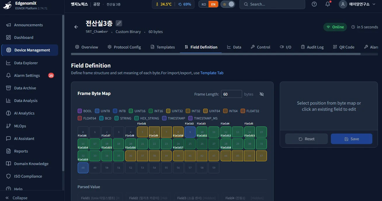 EGNOX Cloud no-code protocol — an actual screen for assigning a data type (UINT16, FLOAT32, etc.) to each byte in the frame byte map