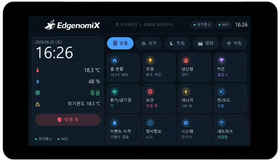 홈 오토메이션 HMI — 조명·냉난방·커튼·환기·보안·에너지 제어, 씬 모드, 외기온도