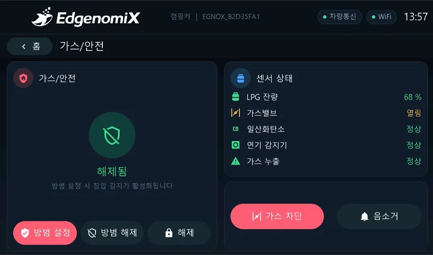 캠핑카 통합 컨트롤 HMI — 가스안전 화면