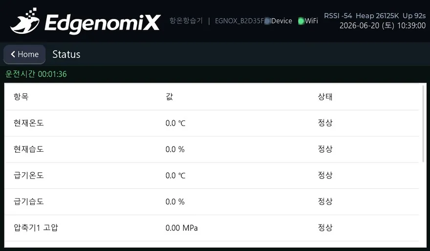 항온항습기 제어 HMI — 운전 상태 화면